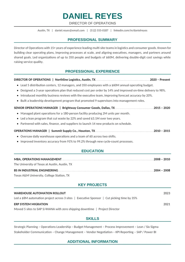 Executive ATS resume template preview: one-page leadership layout with teal section headings