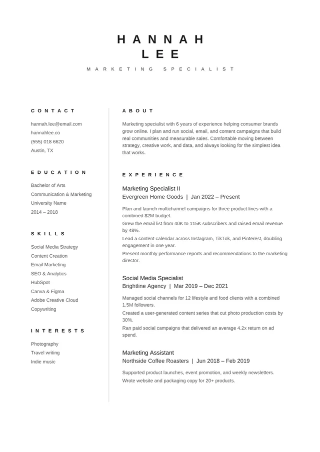 Minimalist basic ATS resume template preview: one-page A4 layout with a narrow skills column