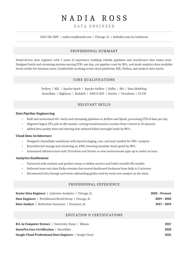 Traditional ATS resume template preview: centered Cambria headings on pale gray section bands