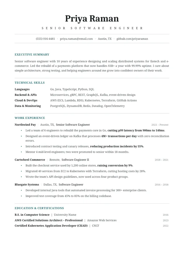 Universal ATS resume template preview: neutral one-column layout with standard sections